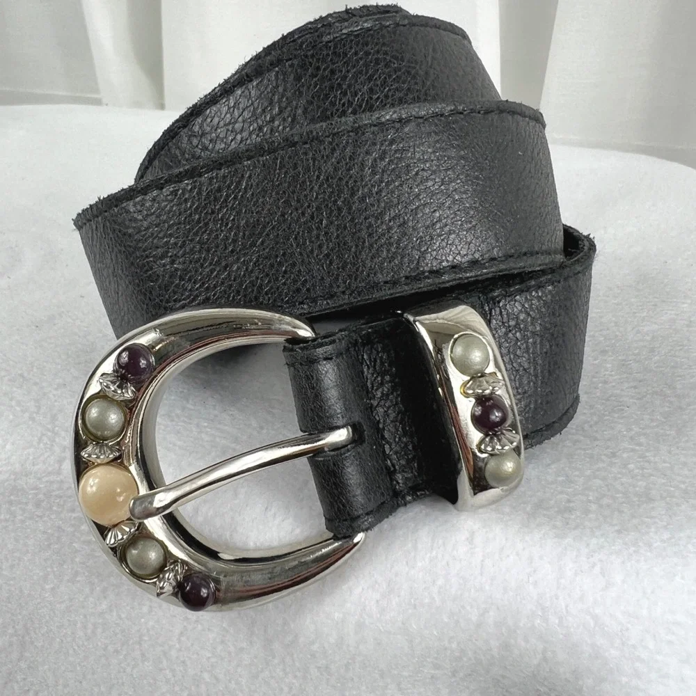 Womens Black Leather Belt size Small Gemstone Buckle Made in USA Boho fstival - Picture 2 of 7